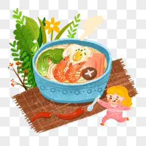 泡面虾鸡蛋青菜冬菇午餐肉面食冬阴功面美食手绘卡通人物可爱图片