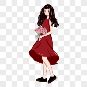 捧花的女孩穿红裙子的女孩高清图片