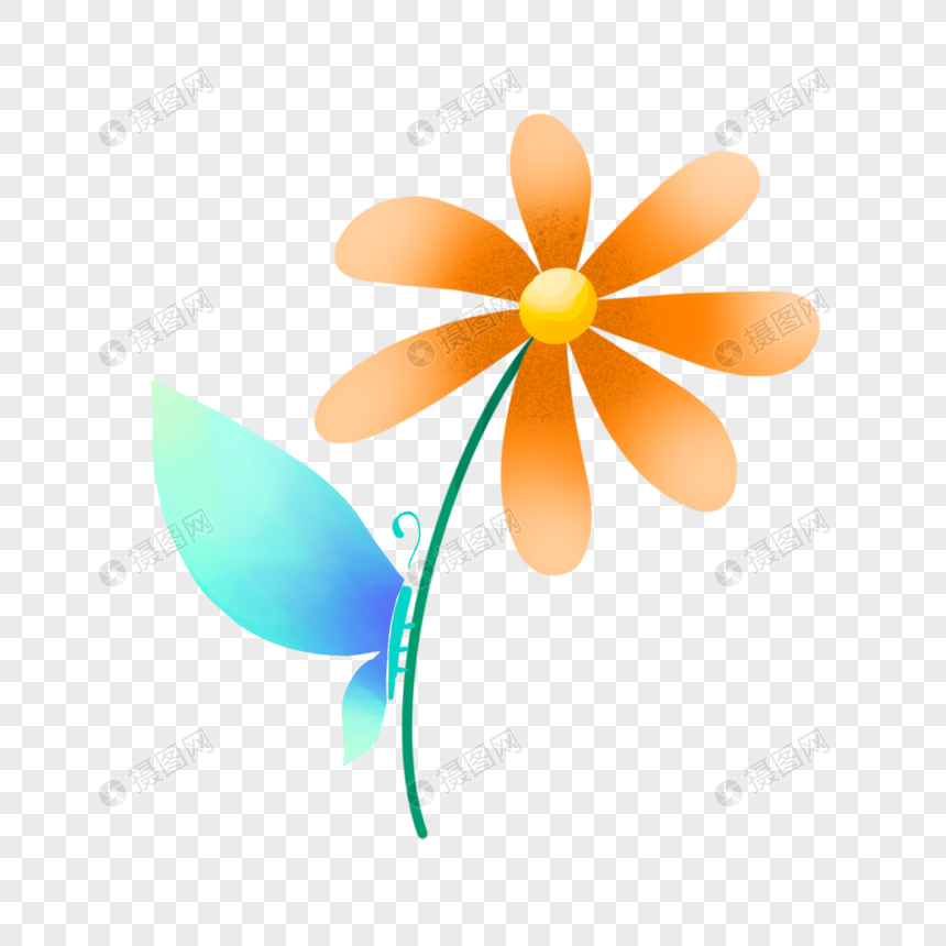 落着蓝色蝴蝶的橘色小花元素素材下载 正版素材 摄图网