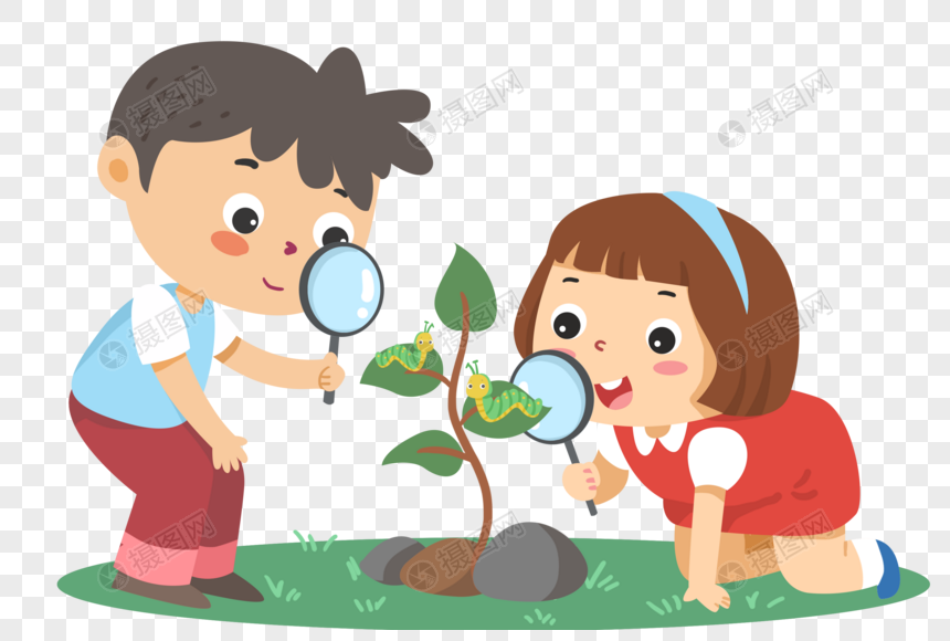 拿放大镜观察毛毛虫的男孩女孩