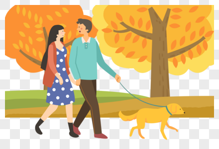 手绘秋季公园散步遛狗的人们图片