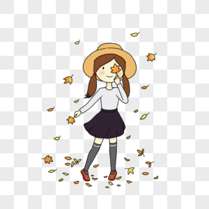 秋天的小女孩捡落叶的小女孩素材