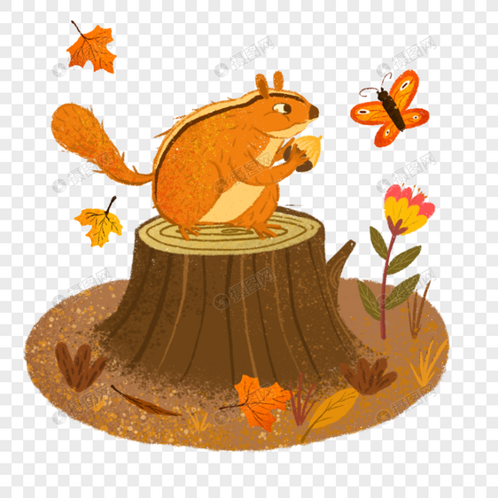 小松鼠秋天落叶枯草小动物可爱栗子枯树插画手绘图片