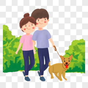 牵着小狗散步的情侣图片素材