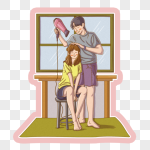 帮女友吹头发的男孩图片素材