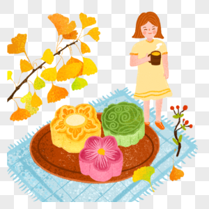 冰皮月饼银杏叶中秋节美食喝茶的人下午茶小清新手绘插画图片