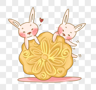 手绘中秋节大月饼与兔子PNG图片