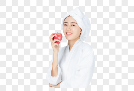 穿浴袍女生手拿苹果图片