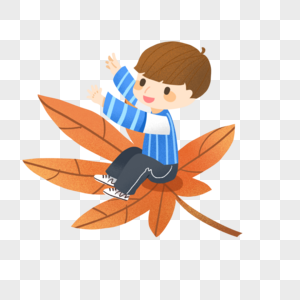秋天手绘坐在枫叶上的男孩图片