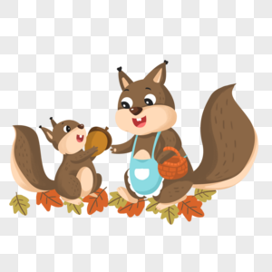 手绘秋天捡松果的松鼠妈妈和孩子图片