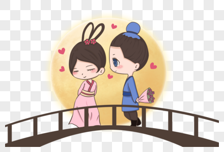 q版手绘卡通七夕节古装情侣牛郎织女素材图片