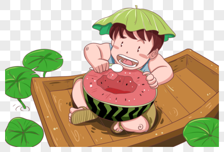 坐在船上吃瓜的男孩图片