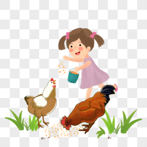给鸡喂食的女孩高清图片