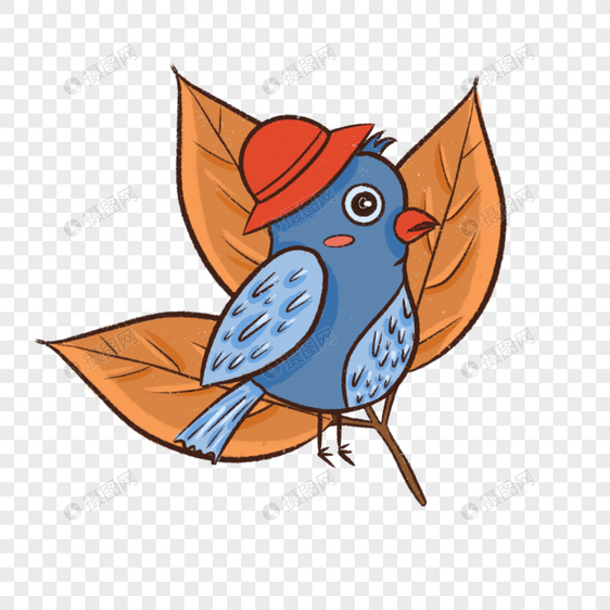 卡通秋叶上的蓝色小鸟图片