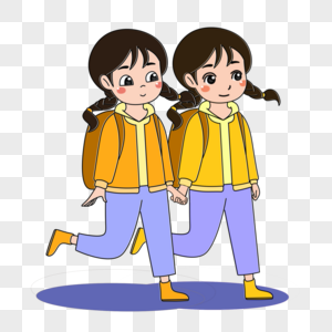 手牵手一起上学的姐妹俩图片素材