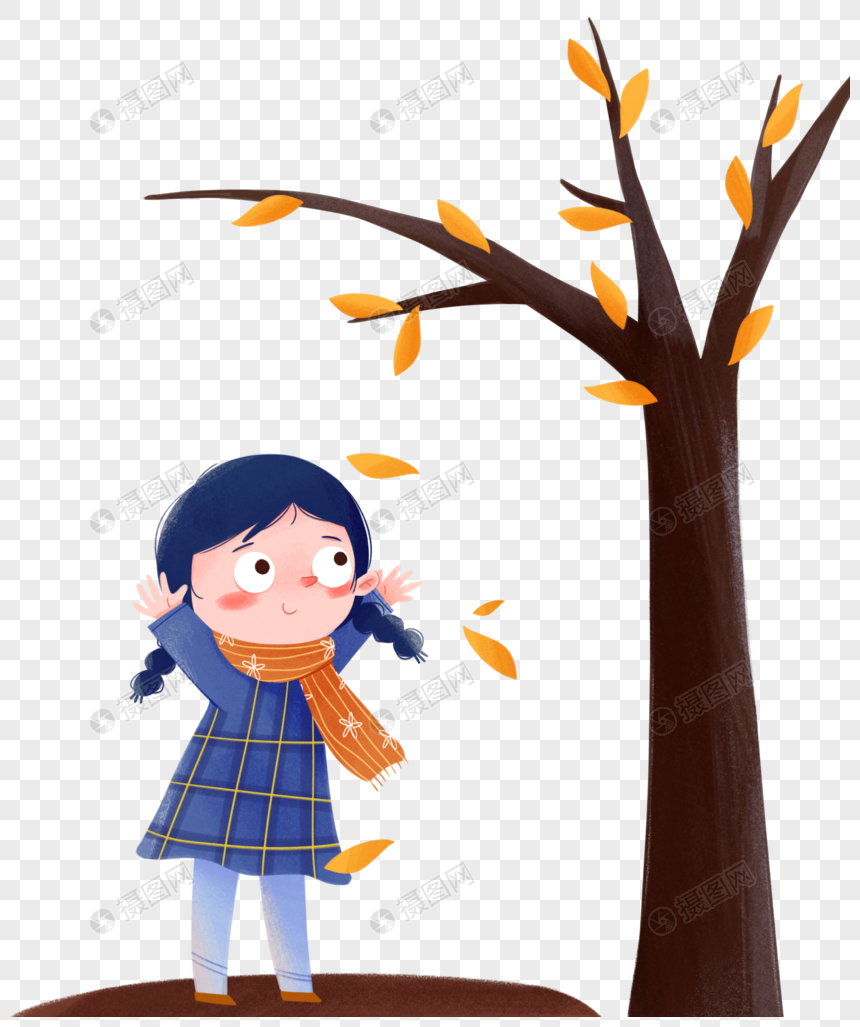 秋天小女孩在大树底下图片