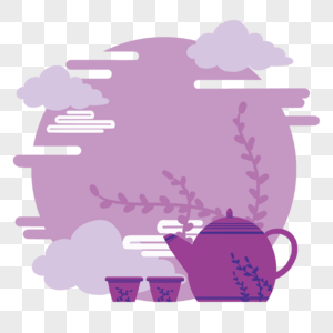 中秋节扁平风圆月云朵茶壶茶杯叶子图片