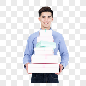 年轻男性抱着一推礼物盒图片