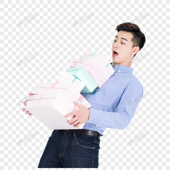 年轻男性抱着一推礼物盒图片
