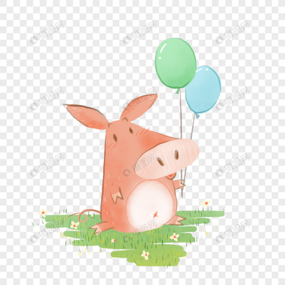 卡通手绘小猪拿着气球坐在草地图片