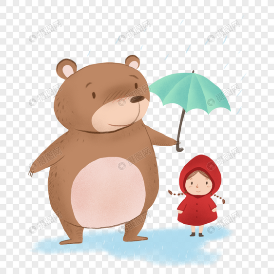 手绘卡通熊给小红帽女孩撑伞图片