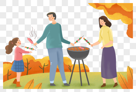 手绘秋季户外烧烤的一家人高清图片