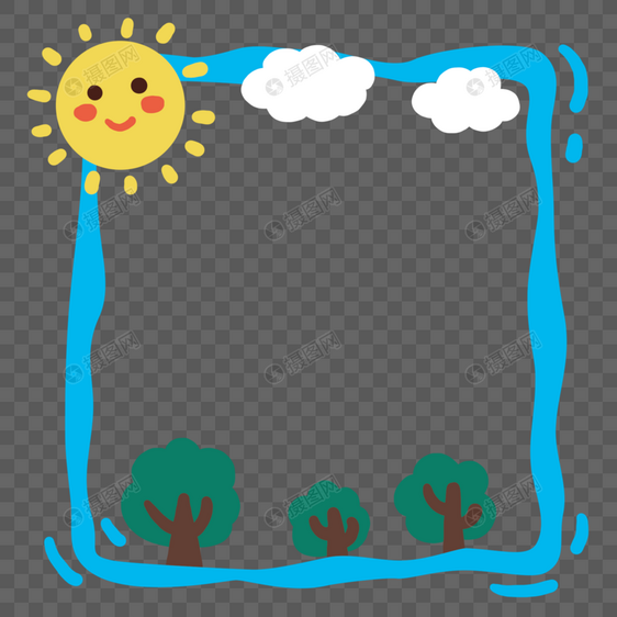 手绘卡通夏天太阳云朵树木边框图片