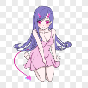 跪坐的小恶魔长发女孩图片素材