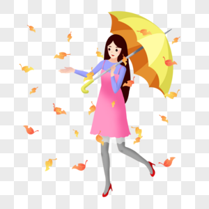 卡通女生秋季打伞外出游玩图片