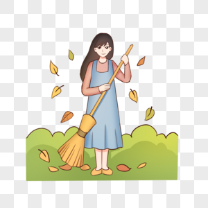 卡通手绘秋季女孩扫落叶图片素材
