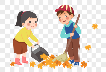 手绘秋季打扫落叶的男孩女孩图片