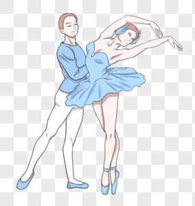 天鹅湖油画蓝色双人舞舞者素材