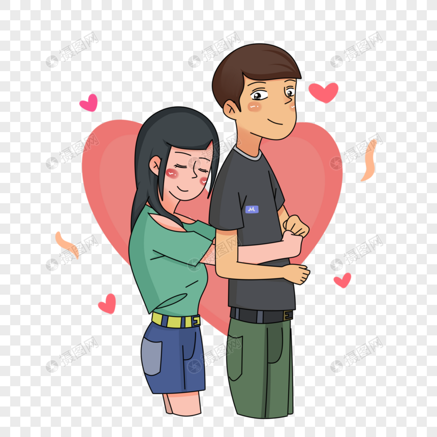 背后抱住男朋友的女朋友卡通手绘