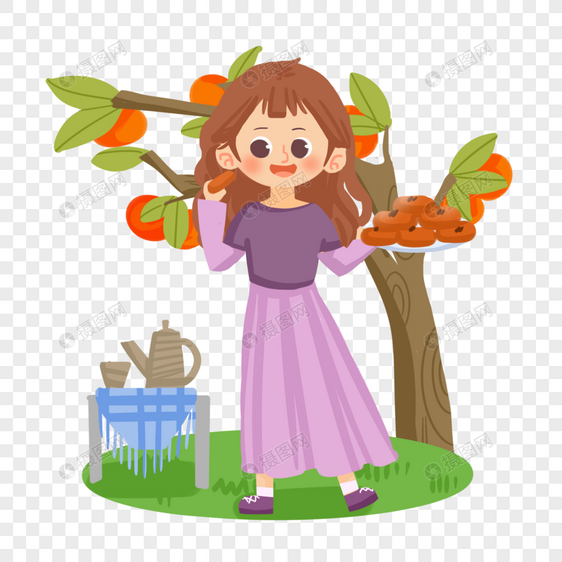 秋天卡通女孩吃柿饼图片