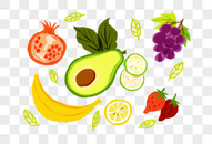 牛油果水果葡萄香蕉石榴水果插画小清新水果插图图片