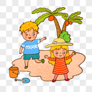 沙滩海边小朋友玩耍玩沙子夏日椰树插画可爱手绘图片