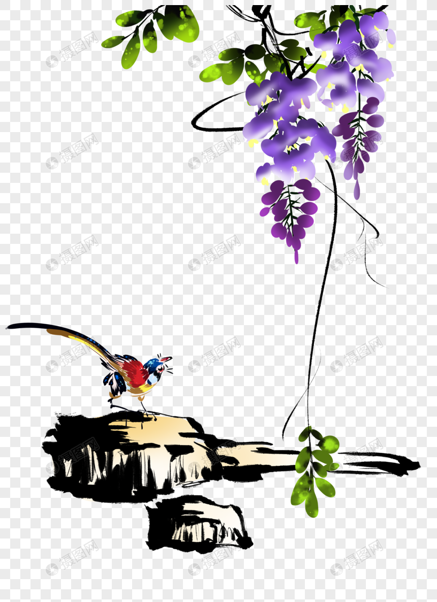 水墨紫藤花鸟元素素材下载 正版素材 摄图网 水墨紫藤花鸟元素素材下载 正版素材 摄图网