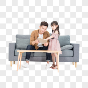 年轻爸爸和女儿在客厅沙发使用电脑学习图片