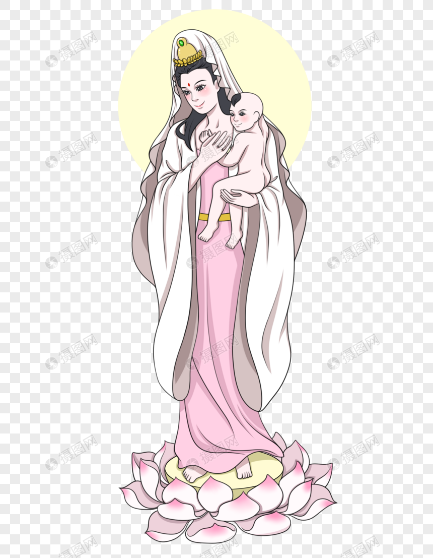 脚踩莲花怀抱善财童子的观音菩萨