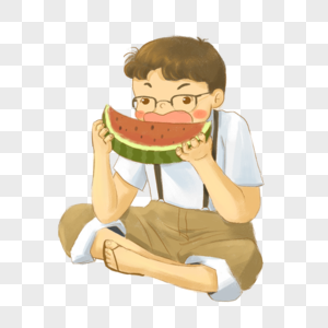 坐着吃瓜的男孩图片