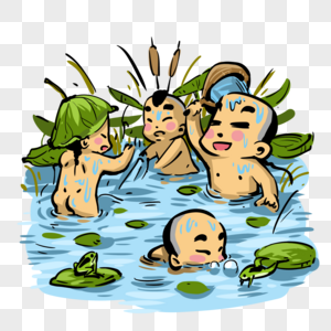 池塘中洗澡的孩子图片