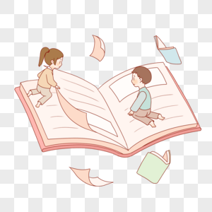 飞扬的书本与纸与坐在大书上翻阅的孩子高清图片
