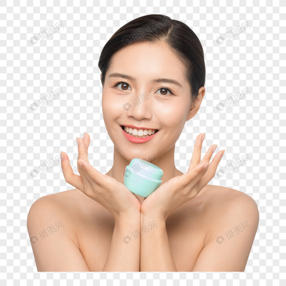女性手拿护肤乳液展示图片