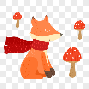手绘秋天动物戴着围巾的狐狸和蘑菇高清图片