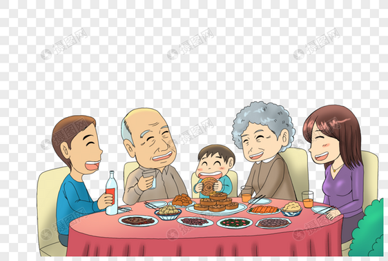 中秋吃团圆饭的一家人图片