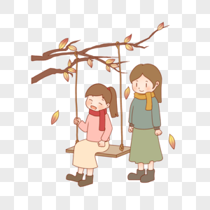 秋天秋千旁的两个女孩图片