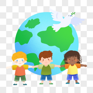 世界和平日三个不同种族儿童手拉手守护地球高清图片