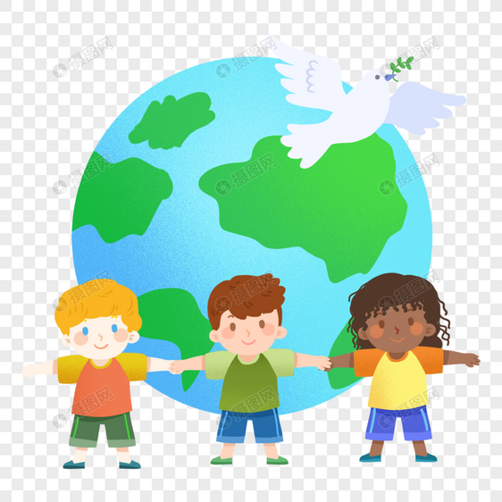 世界和平日三个不同种族儿童手拉手守护地球图片