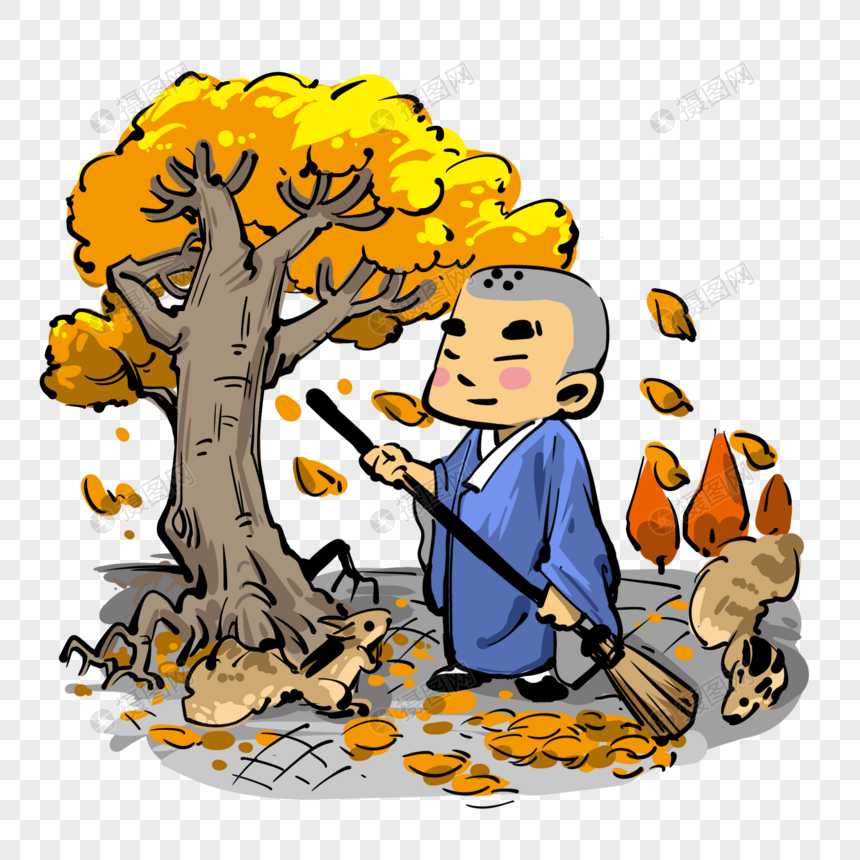秋天扫落叶的僧人