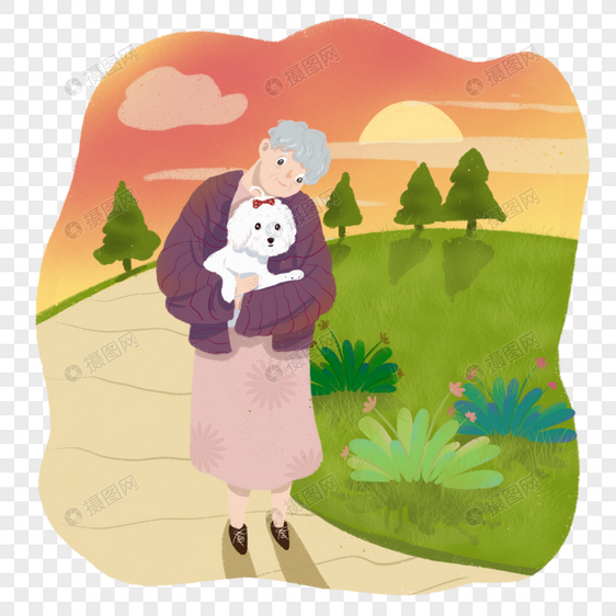 抱着小狗逛公园的老奶奶图片